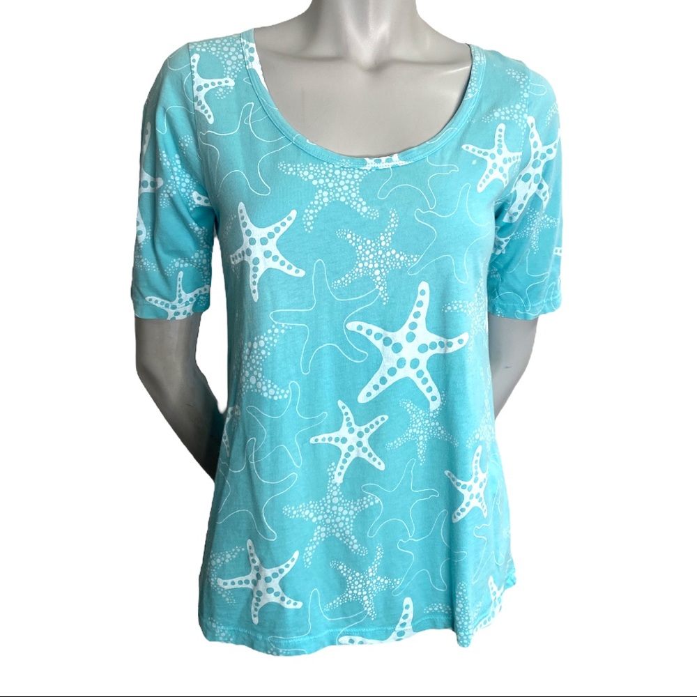 Fresh Produce Blue White Starfish Print Scoop Neck Short Sleeve Tshirt Size XS